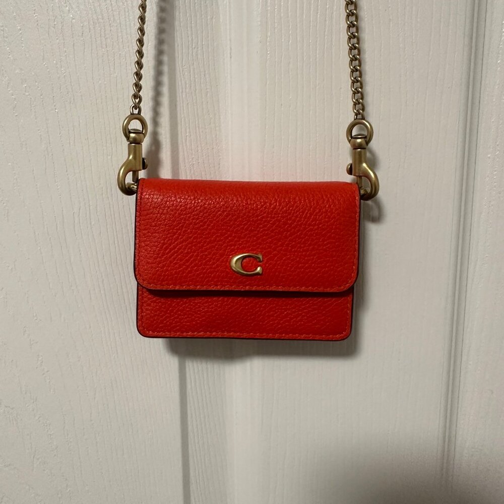 Crossbody Red Coach Micro Mini Purse Gold Chain "Essential Half Flap Card Case"
